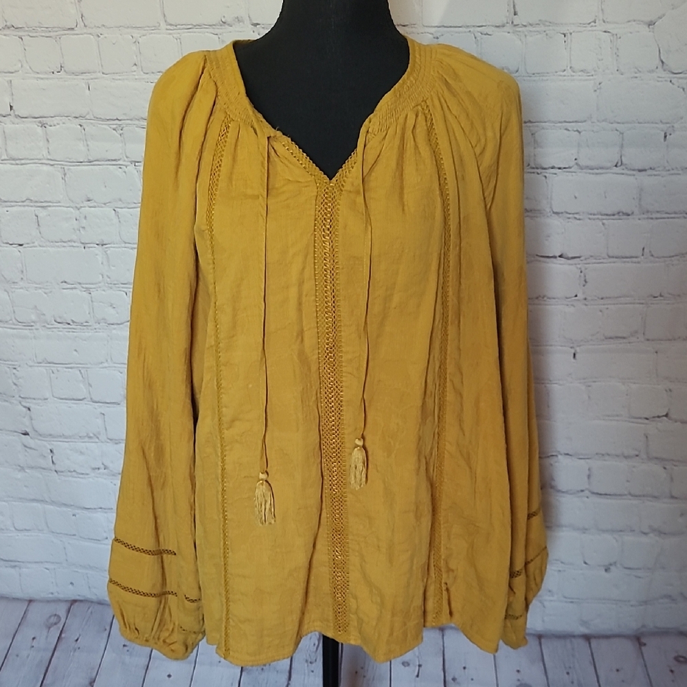 Mustard Yellow Size XXL/20 Popover Tunic Puffed Sleeve Cotton Blend